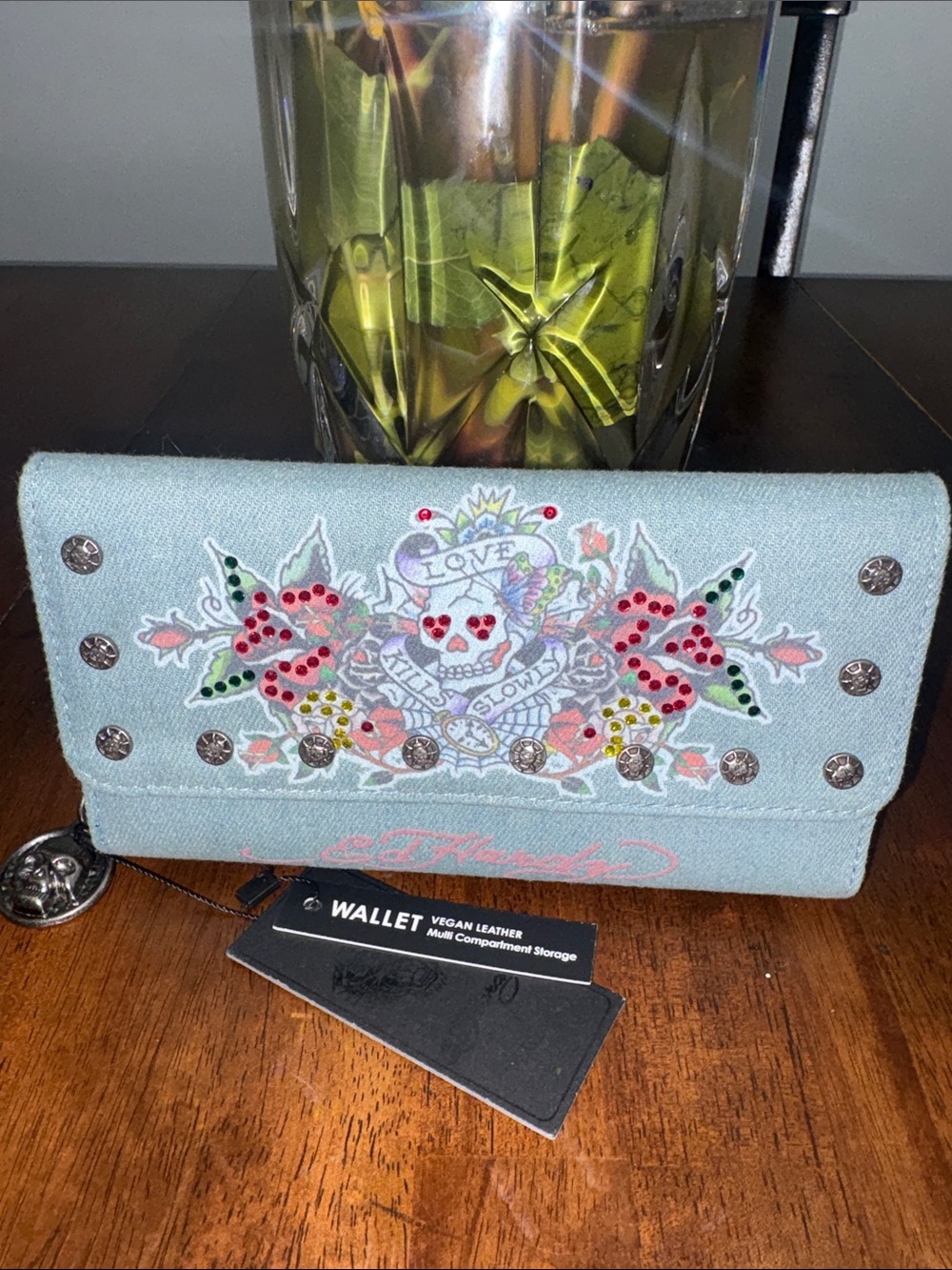 Ed Hardy Blue Denim Wallet Love
Kills Slowly Heart Floral Print Rhinestone NWT.